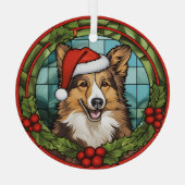 Kerstmis Holly Santa Hat Shetland Sheepdog Glas Ornament (Achterkant)