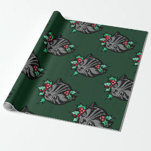 Kerstmis Holly Tiger Stripe Tabby Cat Xmas Cadeaupapier