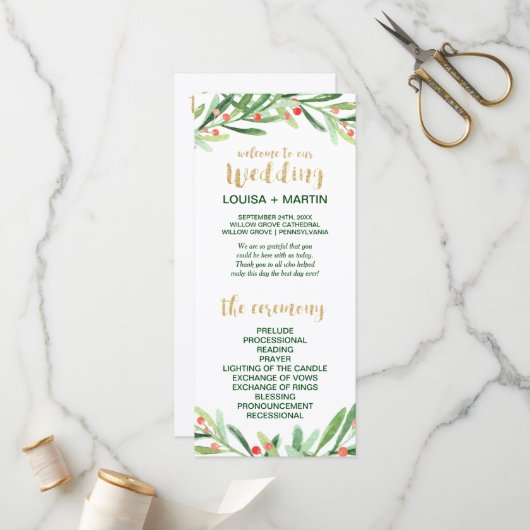 Kerstmis Holly Wreath Wedding Program Programma (Voorkant / Achterkant in situ)