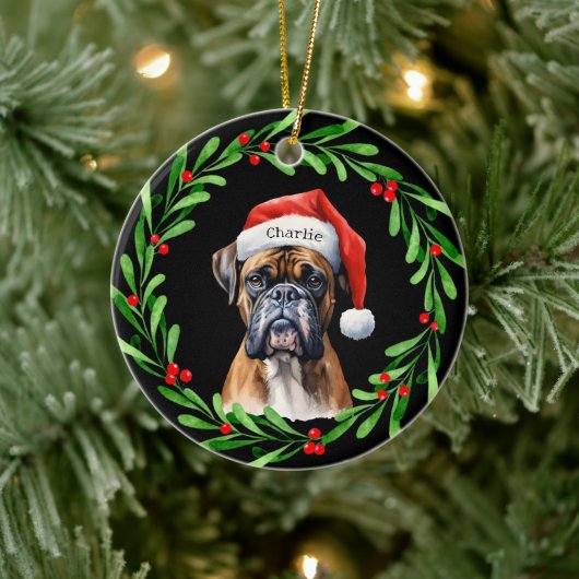 Kerstmis Hond Boxer Santa Hat Vakantie Keramisch Ornament (Boom)