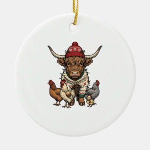 Kerstmis Hoogland Koe en Kippen Vintage Gravure Keramisch Ornament
