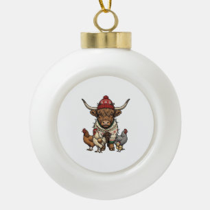 Kerstmis Hoogland Koe en Kippen Vintage Gravure Keramische Bal Ornament