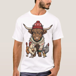 Kerstmis Hoogland Koe en Kippen Vintage Gravure T-shirt