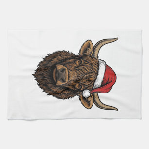 Kerstmis Hoogland Koe Santa Hoed Shirt_1 Theedoek