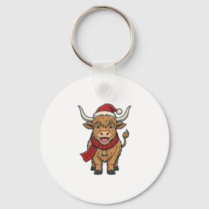 Kerstmis Hoogland Koe Santa Hoed Vector_1 Sleutelhanger