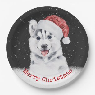 Kerstmis Husky In Sneeuwvlokken Kaart Papieren Bordje