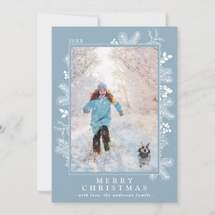 Kerstmis Ijs Blauw en Wit Botanisch Foto Feestdagenkaart