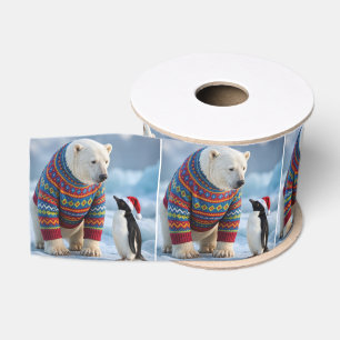 Kerstmis Ijsbeer en Pinguïn Op een Gletsjer Grosgrain Lint