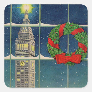 Kerstmis in de stad uit de jaren vijftig vierkante sticker