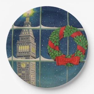 Kerstmis in de stad van 1950 papieren bordje