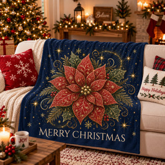 Kerstmis in de sterren | Poinsettia Fleece Deken
