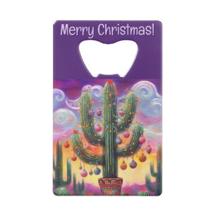 Kerstmis in de woestijn Zuidwest Saguaro Cactus Kredietkaart Flessenopener