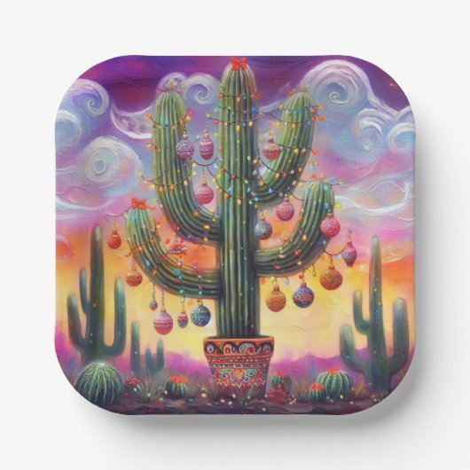 Kerstmis in de woestijn Zuidwest Saguaro Cactus Papieren Bordje (Voorkant)