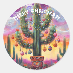 Kerstmis in de woestijn Zuidwest Saguaro Cactus Ronde Sticker
