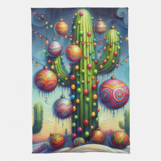 Kerstmis in de woestijn Zuidwest Saguaro Cactus Theedoek (Verticaal)
