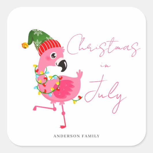 Kerstmis in juli Flamingo Vierkante Sticker (Voorkant)