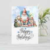Kerstmis in juli met KERSTMAN op het strand Feestdagenkaart (Staand voorkant)