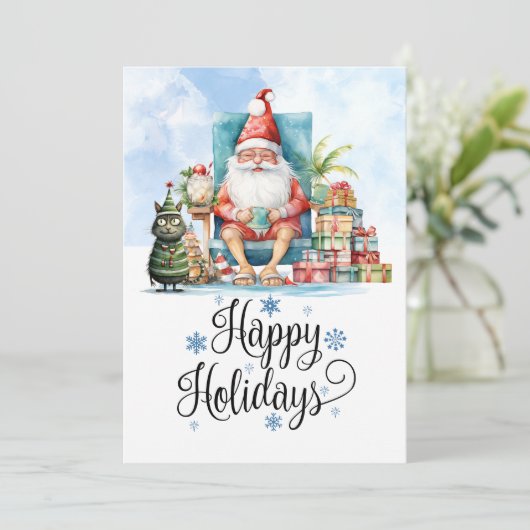 Kerstmis in juli met KERSTMAN op het strand  Feestdagenkaart (Staand voorkant)