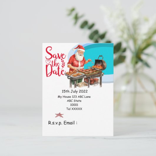 Kerstmis in juli met SANTA CLAUS Save the date Briefkaart (Staand voorkant)