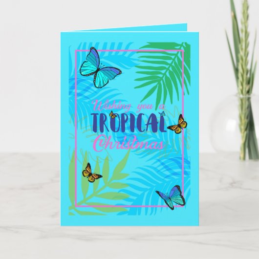 Kerstmis in juli palmbladeren en vlinders feestdagen kaart (Voorkant)