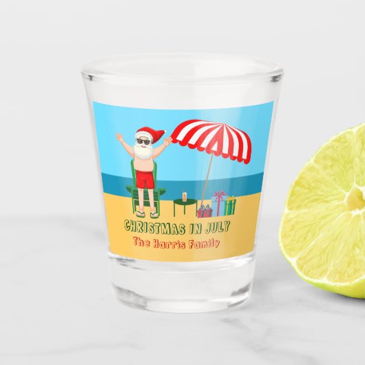 Kerstmis in juli Santa Claus Beach Party Shot Glas (Voorkant)