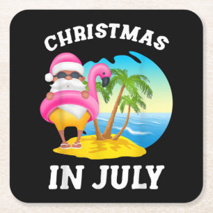 Kerstmis in juli Santa Flamingo Pool Summer Vierkante Kartonnen Onderzetter