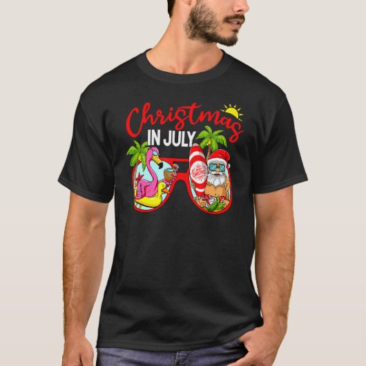 Kerstmis in juli Santa Glasses Flamingo Surfing S T-shirt (Voorkant)