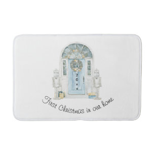 Kerstmis in ons nieuwe huis waterverf blauwe deur badmat