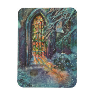 Kerstmis in oude kerk met glas-in-loodraam magneet