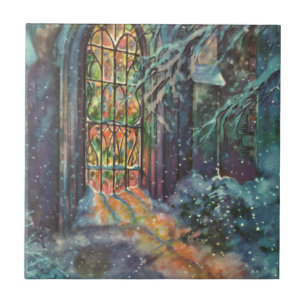 Kerstmis in oude kerk met glas-in-loodraam tegeltje