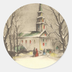 Kerstmis in oude stijl, kerk in winters landschap ronde sticker