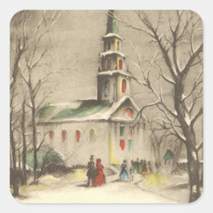Kerstmis in oude stijl, kerk in winters landschap vierkante sticker