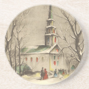 Kerstmis in oude stijl, kerk in winters landschap zandsteen onderzetter