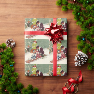 Kerstmis in oude stijl, kinderen sleeën in de snee cadeaupapier