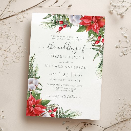 Kerstmis in Poinsettia Winter Greenery Wedding Kaart