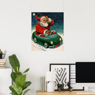 Kerstmis in retro stijl, Kerstman in een leuk auto Poster