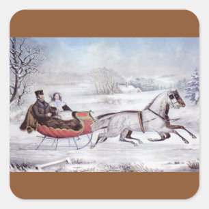 Kerstmis in vintage stijl, De Weg Winter, slee met Vierkante Sticker