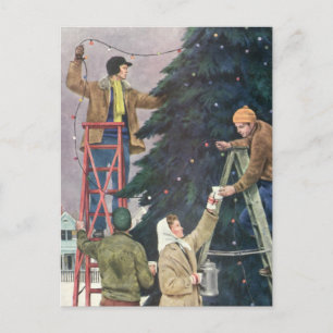 Kerstmis in vintage stijl, Familie die lichtjes aa Feestdagenkaart