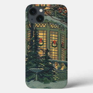 Kerstmis in vintage stijl, huis met kransen in de iPhone 13 hoesje