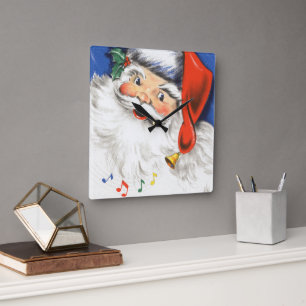 Kerstmis in vintage stijl, jolige Kerstman met muz Vierkante Klok