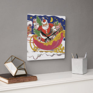 Kerstmis in vintage stijl, jolige Kerstman met sle Vierkante Klok