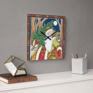 Kerstmis in vintage stijl, Kerstman hert in bos Vierkante Klok