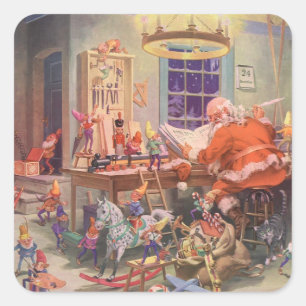 Kerstmis in vintage stijl, kerstman met elfen werk vierkante sticker