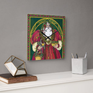 Kerstmis in vintage stijl, Kerstman met Hulstblaad Vierkante Klok