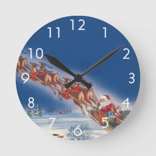 Kerstmis in vintage stijl, Kerstman vliegt met sle Ronde Klok