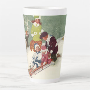 Kerstmis in vintage stijl, kinderen sleeën in de s latte mok