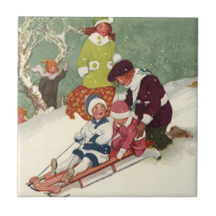Kerstmis in vintage stijl, kinderen sleeën in de s tegeltje