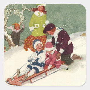Kerstmis in vintage stijl, kinderen sleeën in de s vierkante sticker