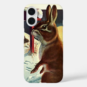 Kerstmis in vintage stijl, konijnen in een besneeu iPhone 16 hoesje