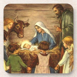 Kerstmis in vintage stijl, religieuze geboorte met bier onderzetter